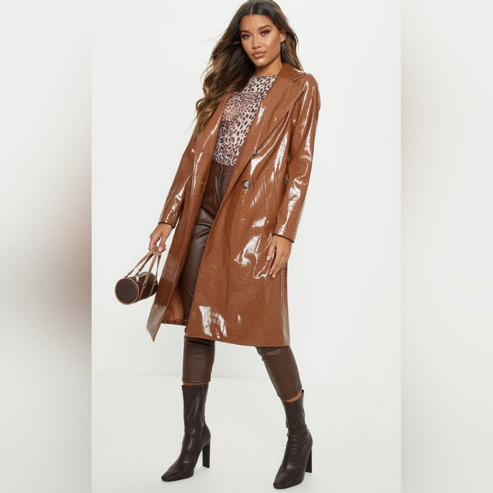 NWT PLT Pretty Little Thing Tan Brown Croc Patent Leather Trench Coat Size 8